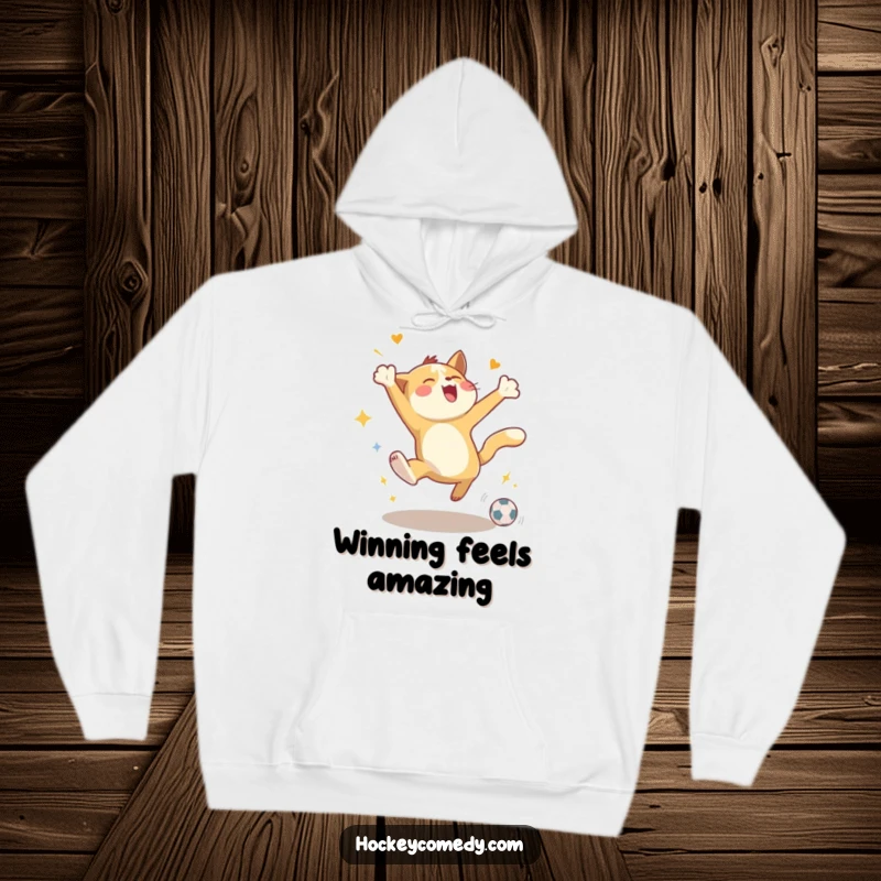 Funny hoodie depicting an energetic animal joyfully leaping in celebration of scoring a goal, embodying triumphant spirit.