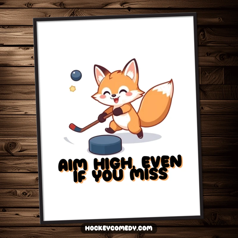 Funny Free Printable Wall Art: A cheerful fox lunges for a slap shot, the hockey puck dramatically flying off course.