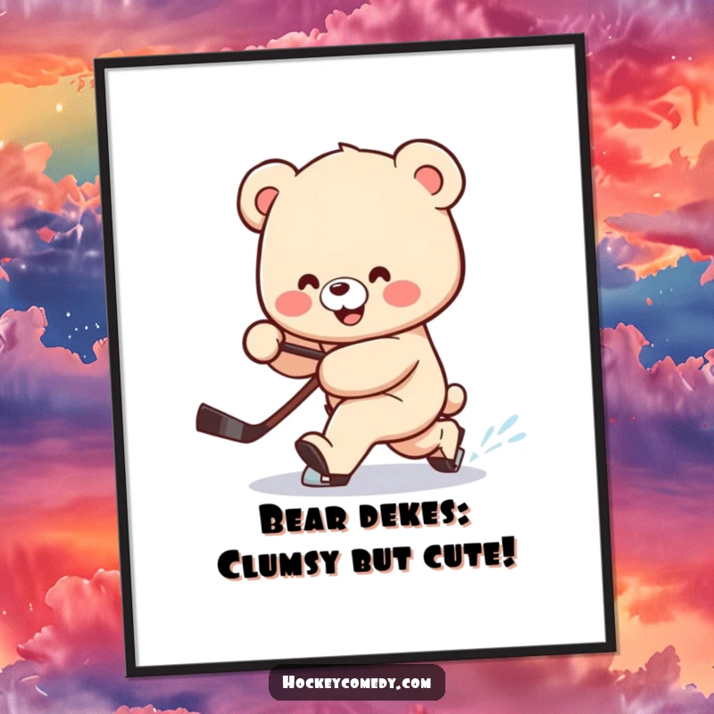 Funny Free Printable Wall Art: Smiling bear, stick trailing behind, attempting a comically clumsy hockey deke with great effort.