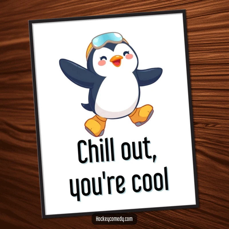 Funny Free Printable Wall Art: A penguin in oversized skates captured during an exhilarating mid-air jump, full of joy.