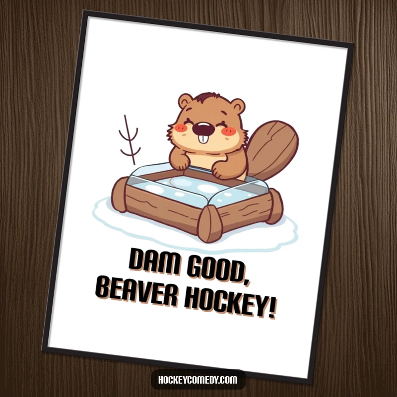 Funny Free Printable Wall Art depicting a happy beaver constructing a small hockey rink out of logs, ready for a game.