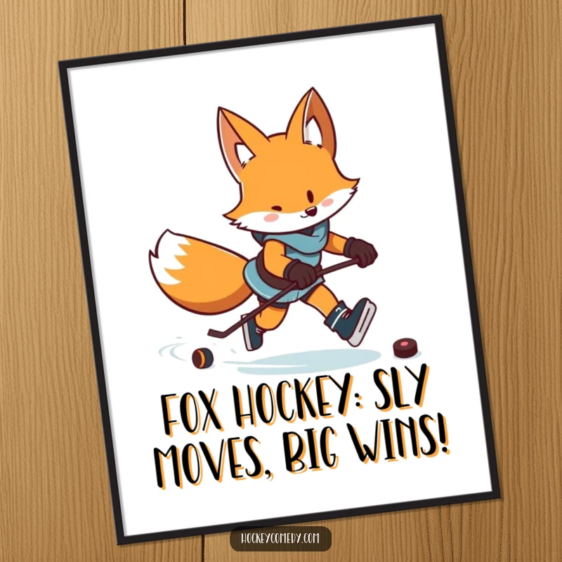 Funny Free Printable Wall Art: Determined fox skating with a puck, leaving an excited zigzag trail across the ice.