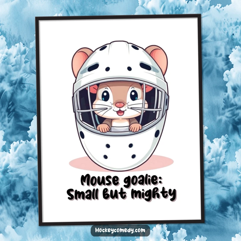 Funny Free Printable wall art of a curious mouse peeking from a goalie mask, perfect for downloadable DIY humorous decor.