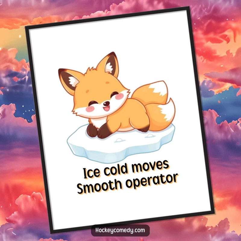 Funny Free Printable cartoon fox joyfully sliding on its belly across a frozen surface, depicted as downloadable wall art.