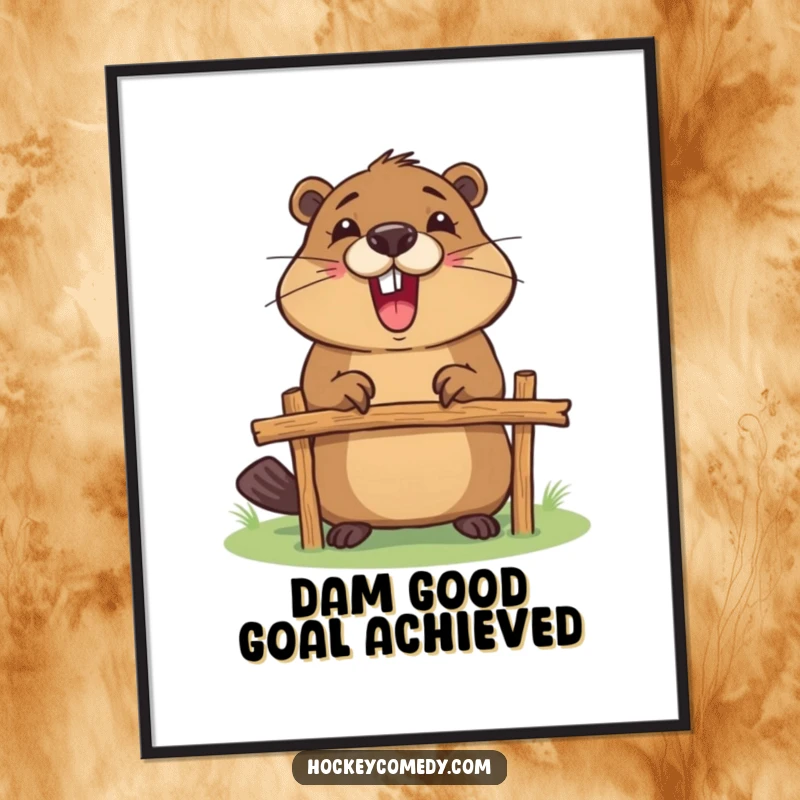 Funny Free Printable Wall Art: An excited beaver diligently builds a miniature goalpost using twigs and sticks, full of energy.