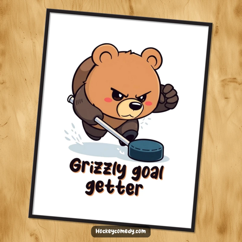 Funny Free Printable Wall Art: Bear aggressively chasing a puck with a determined, slightly comedic glare, capturing intense sports action.