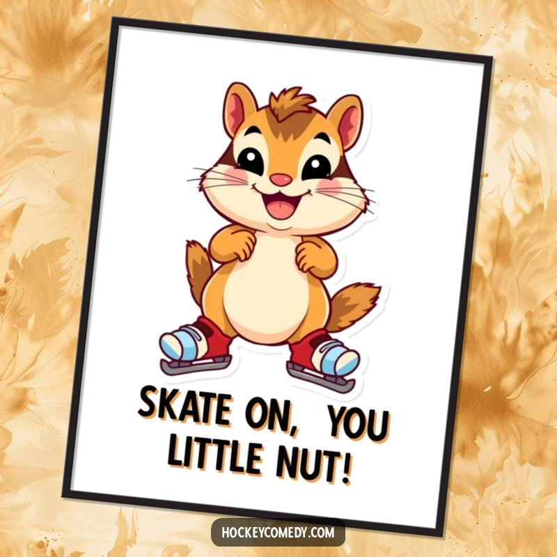 Funny Free Printable Wall Art depicting a cheerful chipmunk hilariously wobbling on oversized skates, radiating pure joy.