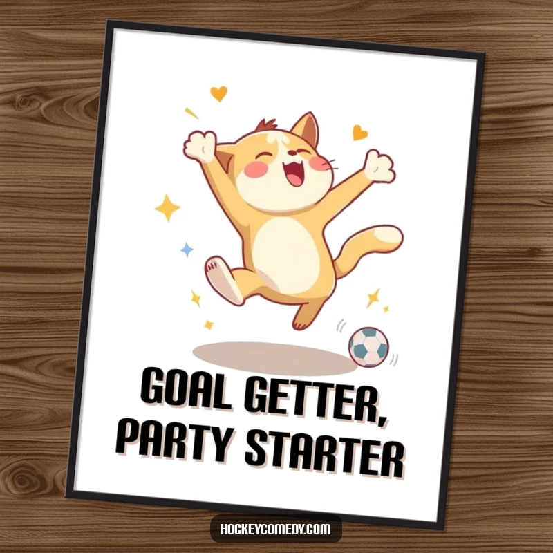 Funny Free Printable Wall Art: Energetic animal leaping high celebrating a goal, dynamic and joyful.