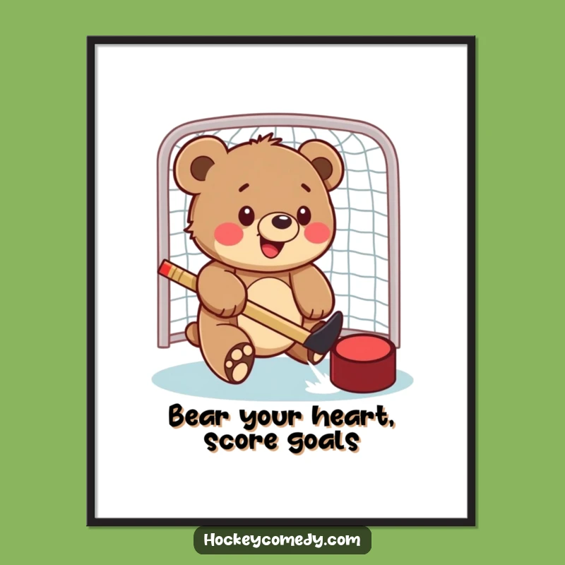 Free Printable Wall Art: Hockey Bear Cub Goal, Downloadable Decor for Sports Fans