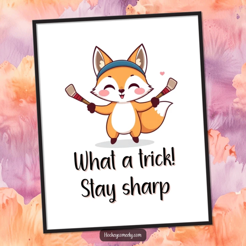 Funny Free Printable Wall Art: A mischievous fox juggling three small hockey sticks with impressive skill and a sly smile.