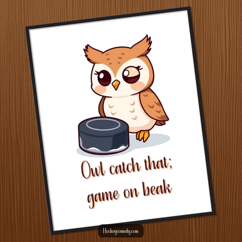 Funny Free Printable Wall Art of a playful owl intently trying to catch a hockey puck with its beak, full of action.