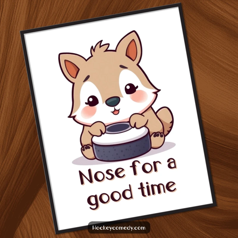 Funny Free Printable Wall Art: A cheerful animal playfully nudges a hockey puck with its nose, adorable decor.
