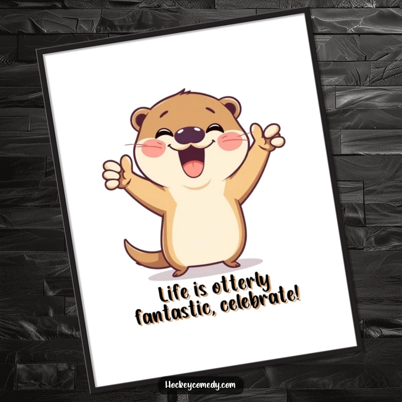 Funny Free Printable Otter Wall Art depicting a gleeful otter in a quirky victory pose, radiating pure joy and playful energy.