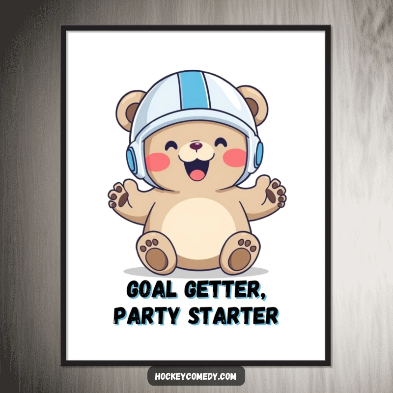 Funny free printable wall art: A bear wearing a helmet celebrates scoring a goal with raised paws, embodying pure sporting joy.