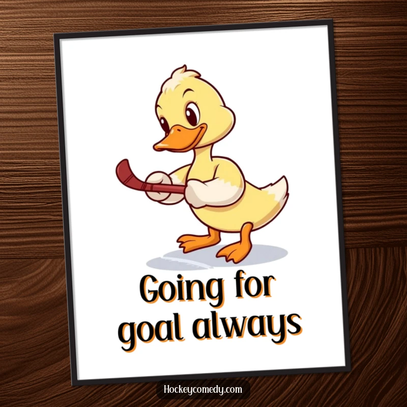 Funny Free Printable Wall Art: Determined duck in hockey gear takes a powerful slap shot, looking comically unbalanced.