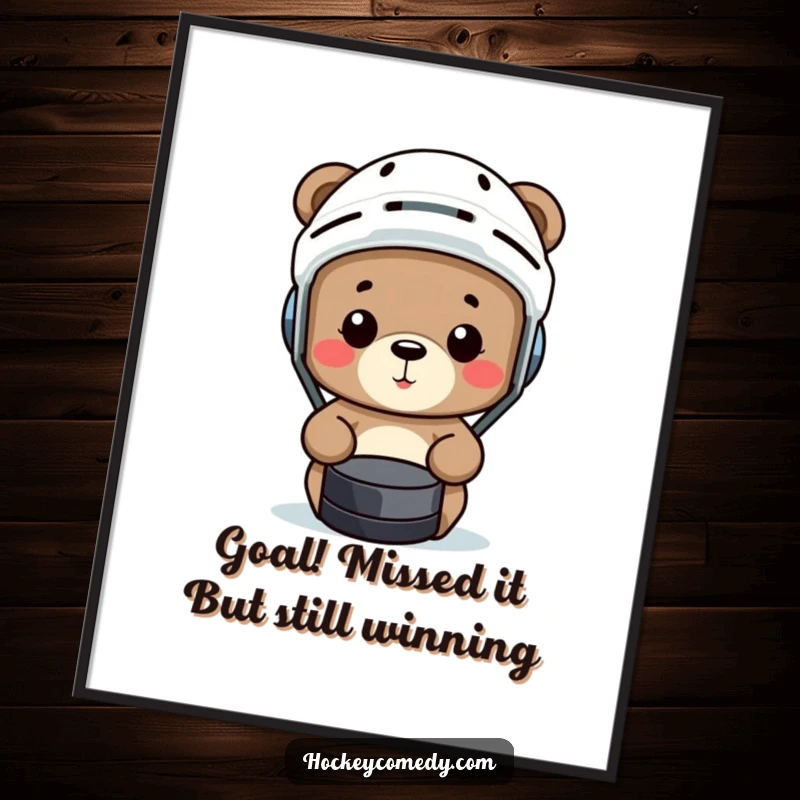 Funny Free Printable Wall Art showing a small bear in a hockey helmet comically missing a puck, adding humor to any room.