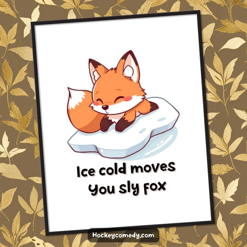 Funny Free Printable Wall Art: A determined fox sliding on its belly across a frozen icy surface, capturing a moment of winter fun.