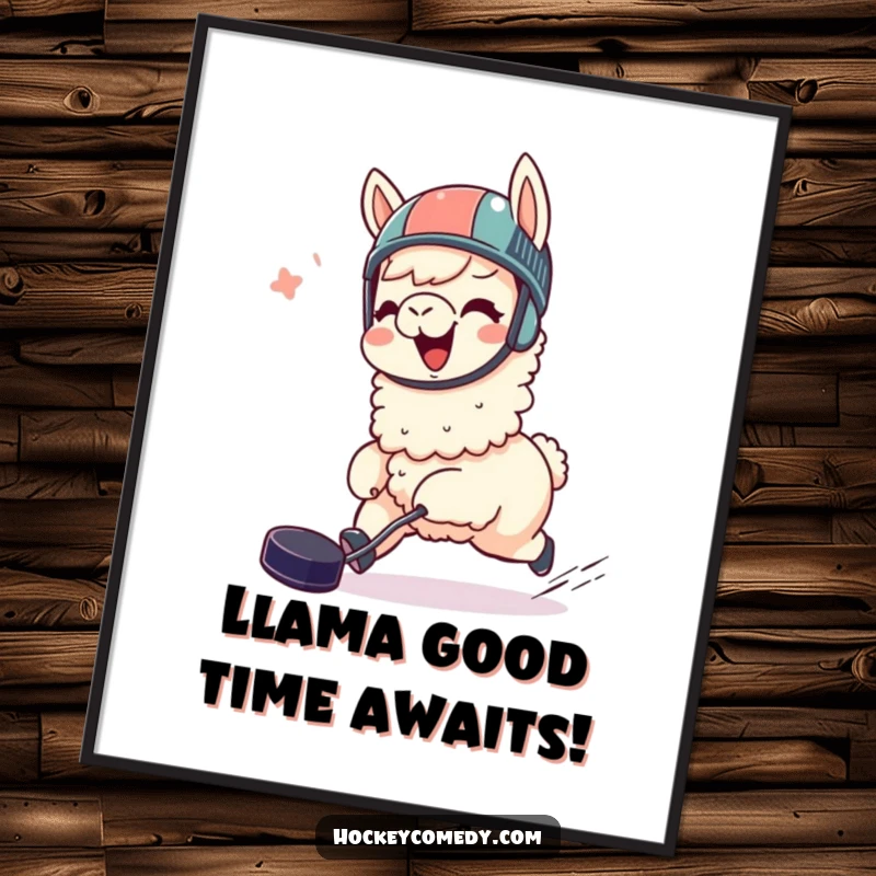 Funny Free Printable Wall Art of a giggling llama wearing a helmet, joyfully chasing a puck with athletic enthusiasm.