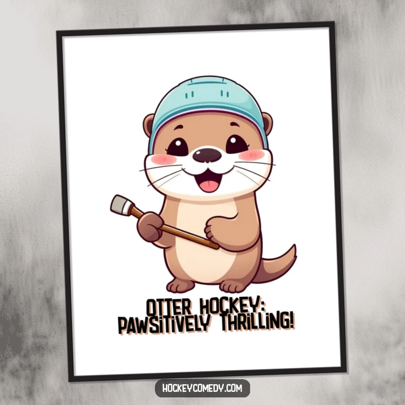 Funny Free Printable Wall Art: Cute otter wearing a hockey helmet, holding a stick and smiling broadly, ready to decorate.
