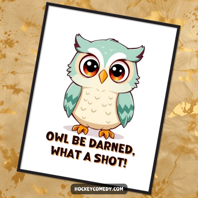 Funny Free Printable Wall Art of a shocked owl with wide eyes, narrowly avoiding a speeding hockey puck, perfect for a laugh.