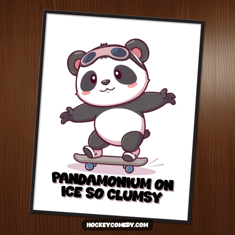Funny Free Printable Wall Art: A playful panda with wobbly legs struggles to skate, creating a humorous and endearing scene.