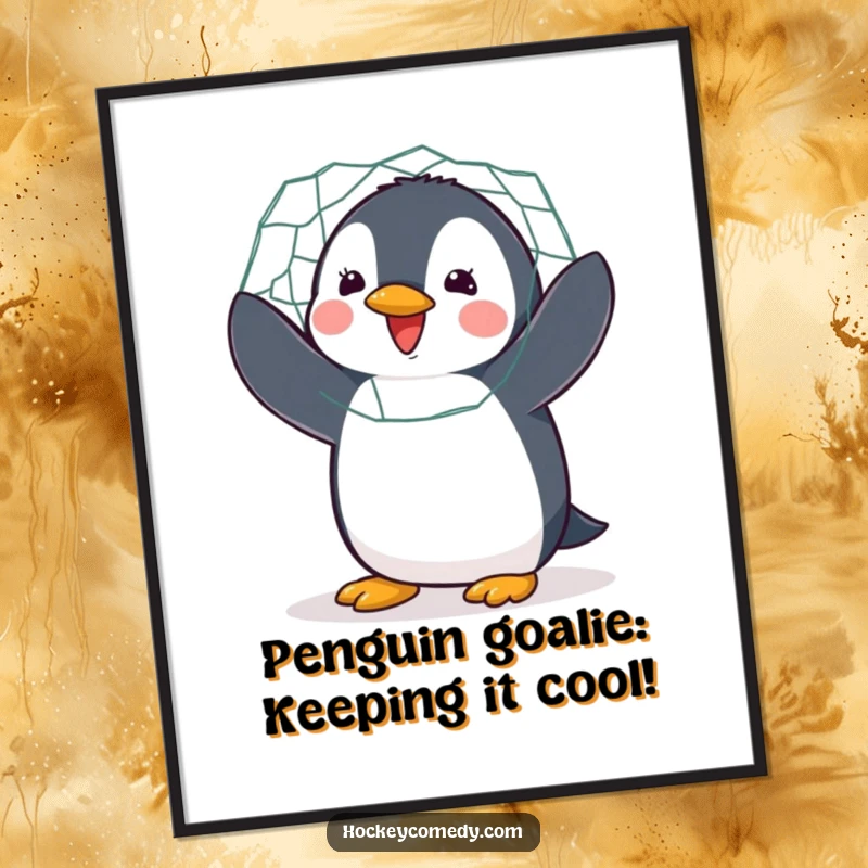 Funny Free Printable Wall Art: Delighted penguin enthusiastically flapping its wings while guarding a hockey net with determination.