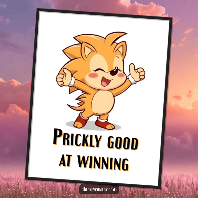 Funny Free Printable Wall Art: Exuberant hedgehog in a lively victory dance pose, radiating pure happiness.