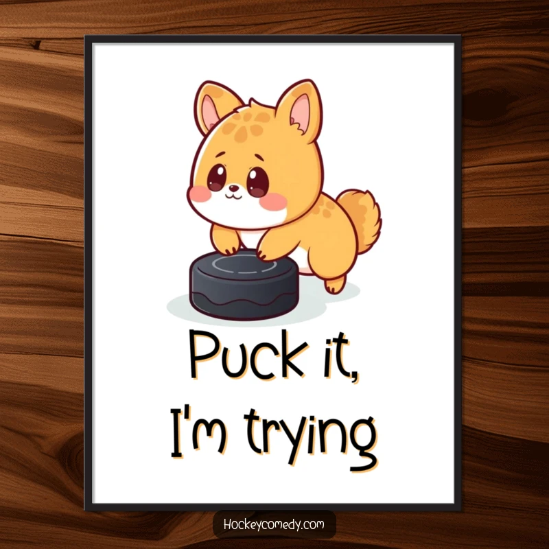 Funny Free Printable Wall Art: Cute animal tripping over a puck, surprised look, whimsical and humorous.