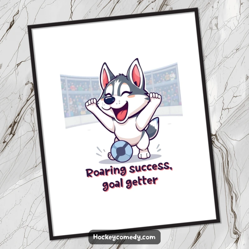 Funny Free Printable Wall Art: A proud husky scores a soccer goal with a triumphant roar, celebrating victory.