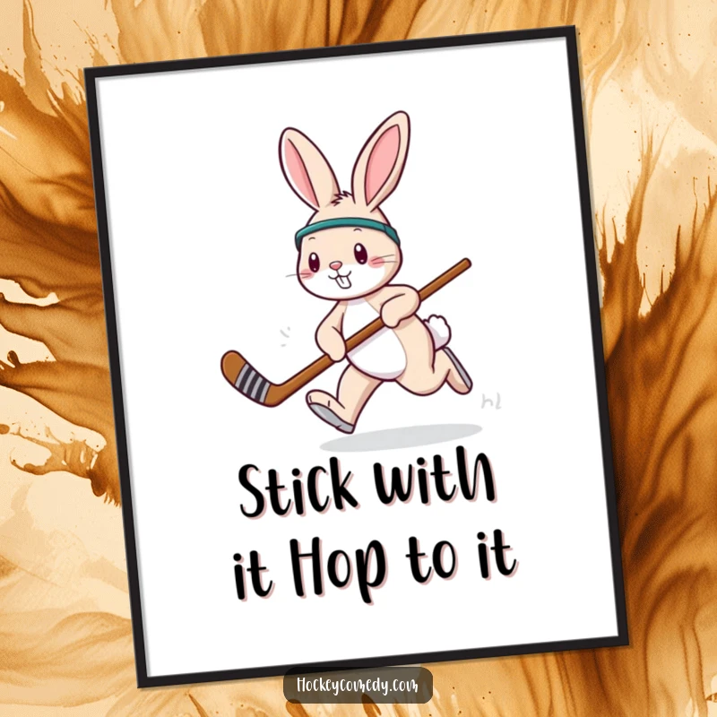 Funny Free Printable cartoon rabbit hopping energetically with a hockey stick, depicted as downloadable wall art.