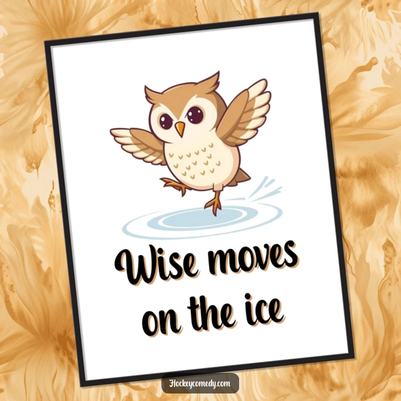 Funny Free Printable Wall Art: A determined owl attempts a complex spin move on ice skates, mid-action on the rink.