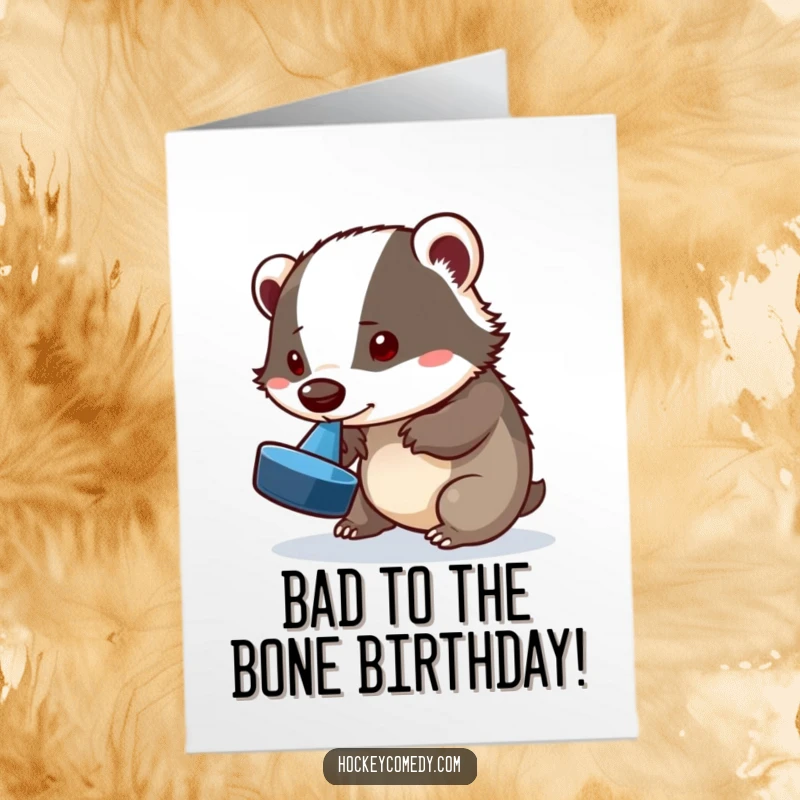 Funny Free Printable Birthday Card featuring a playful badger artfully attempting a puck flip using its nose, ready to party.