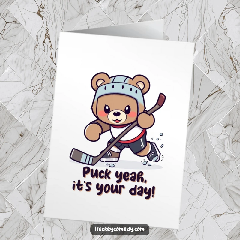 Funny Free Printable Birthday Card: Determined bear character executing a tricky hockey maneuver on the ice.