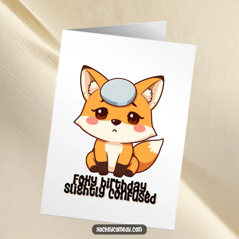 Funny free printable birthday card: A fox looks utterly confused with an ice hockey puck stuck to its forehead, a hilarious mishap.