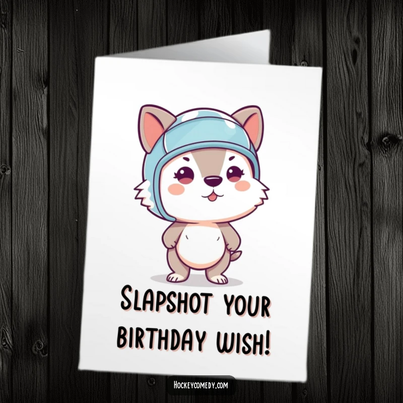 Funny Free Printable Birthday Card: Determined animal wearing a small helmet, about to hit a puck with a slapshot.