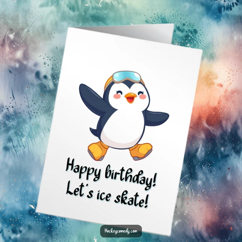 Funny Free Printable Birthday Card: Penguin in oversized skates mid-air jump, pure joyful exuberance and birthday cheer.
