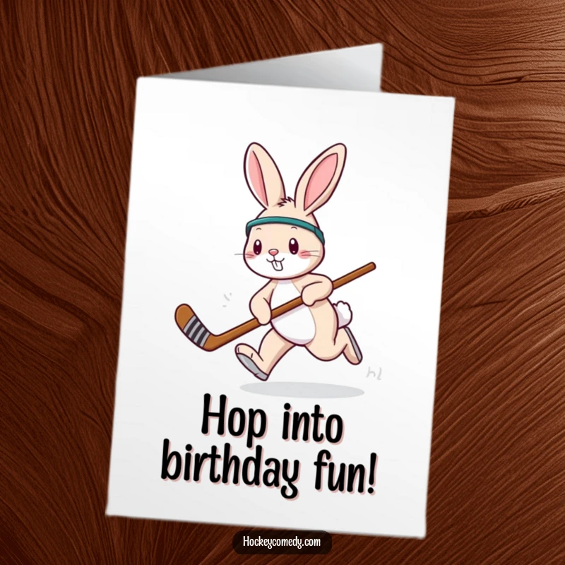Funny Free Printable playful rabbit joyfully hopping while holding a hockey stick, designed for a birthday card.