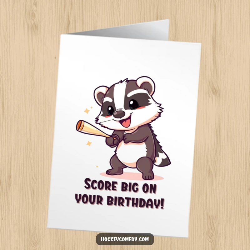 Funny Free Printable birthday card of a cheerful badger executing a slap shot, perfect for a downloadable DIY gift for sports lovers.