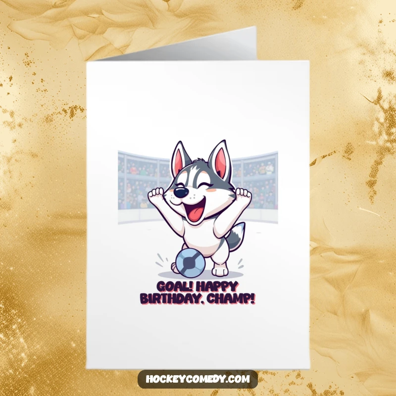 Funny Free Printable Birthday Card featuring a proud husky celebrating a soccer goal with a triumphant roar, perfect for dog fans.