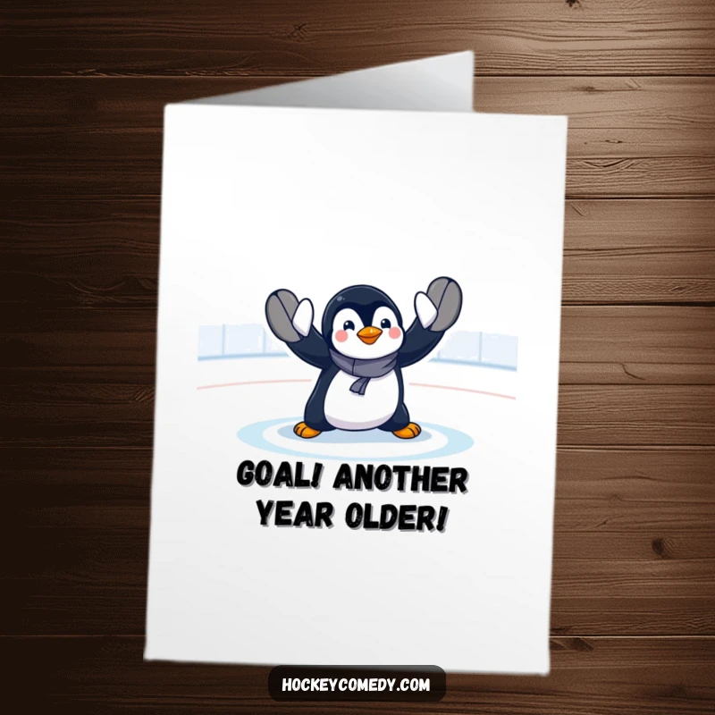 Funny Free Printable Birthday Card: Penguin goalie making a dramatic, exaggerated save, ready to celebrate.