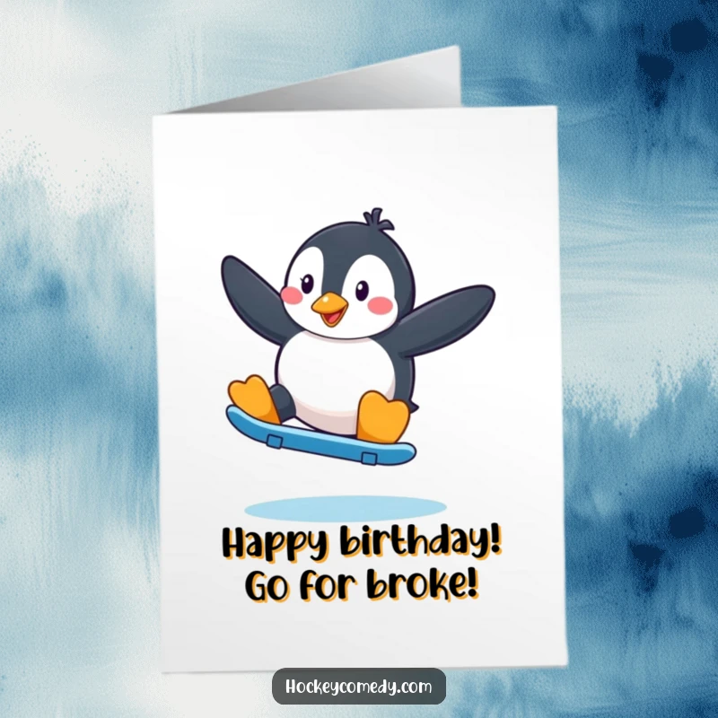 Funny Free Printable Birthday Card: Playful penguin attempting a fancy skate move with arms outstretched, celebrating. A cool downloadable.