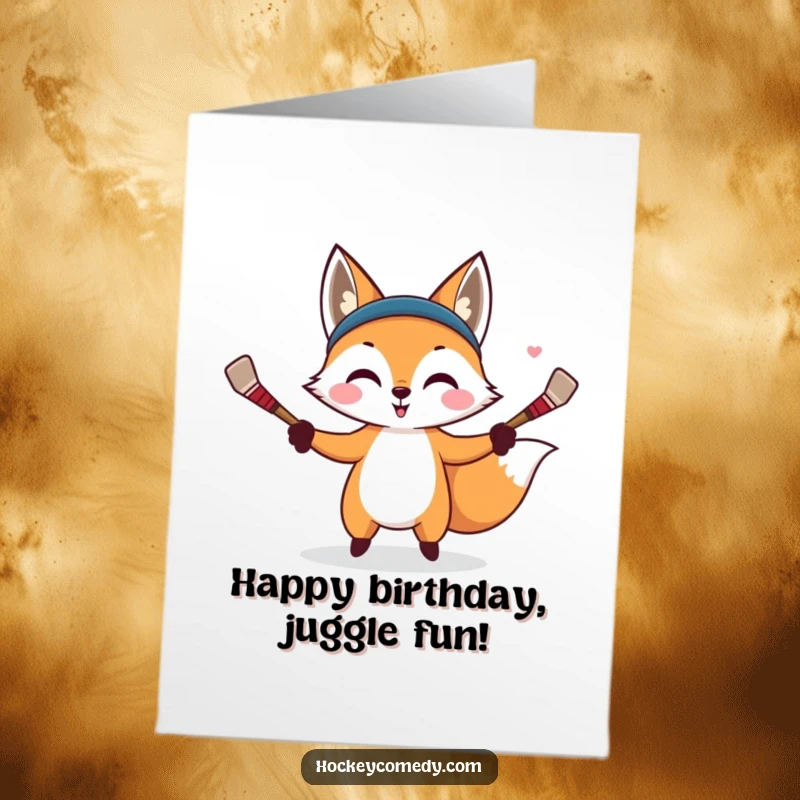 Funny Free Printable Birthday Card: Fox expertly juggling three small hockey sticks with a sly, mischievous grin.