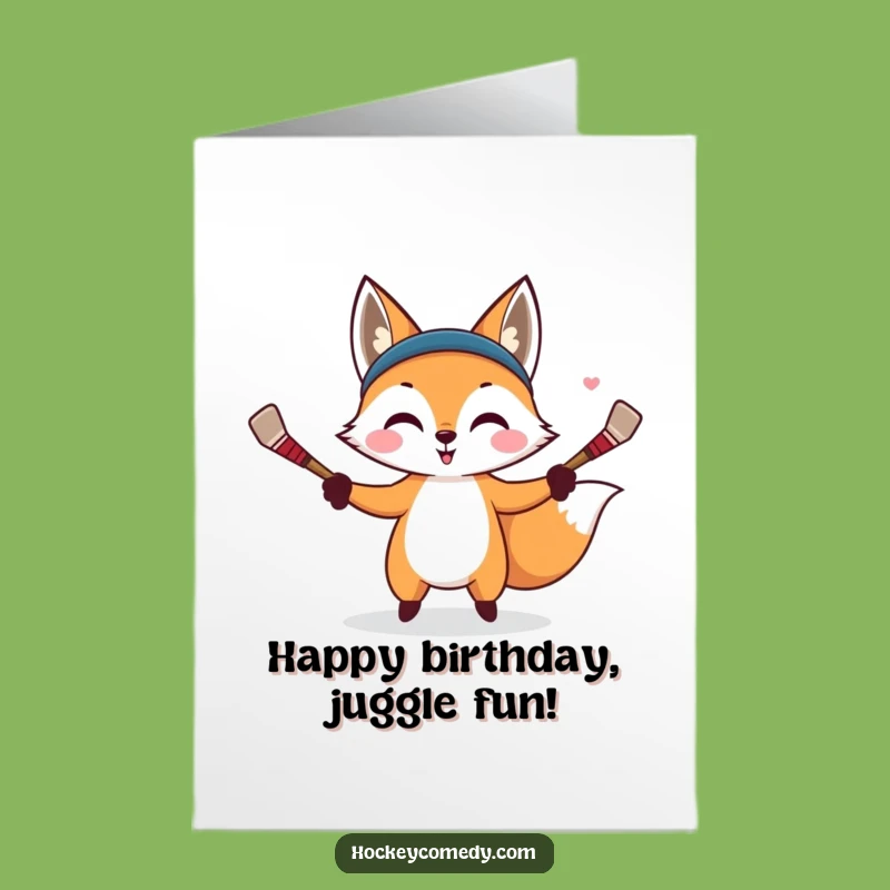 Free Printable Birthday Card: Juggling Fox, Fun Downloadable for a Playful Celebration