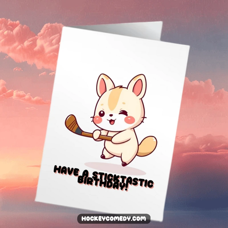 Funny Free Printable Happy Birthday card with a small animal cheerfully swinging a miniature hockey stick.