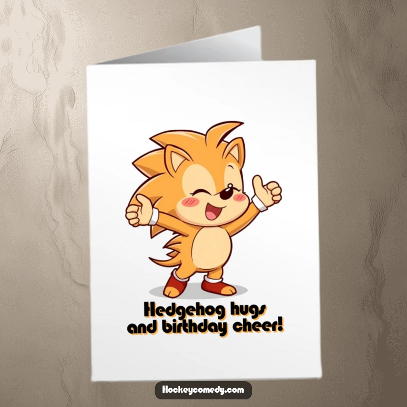 Funny Free Printable Birthday Card: Cheerful hedgehog doing a joyous victory dance, arms in the air, celebrating a score.