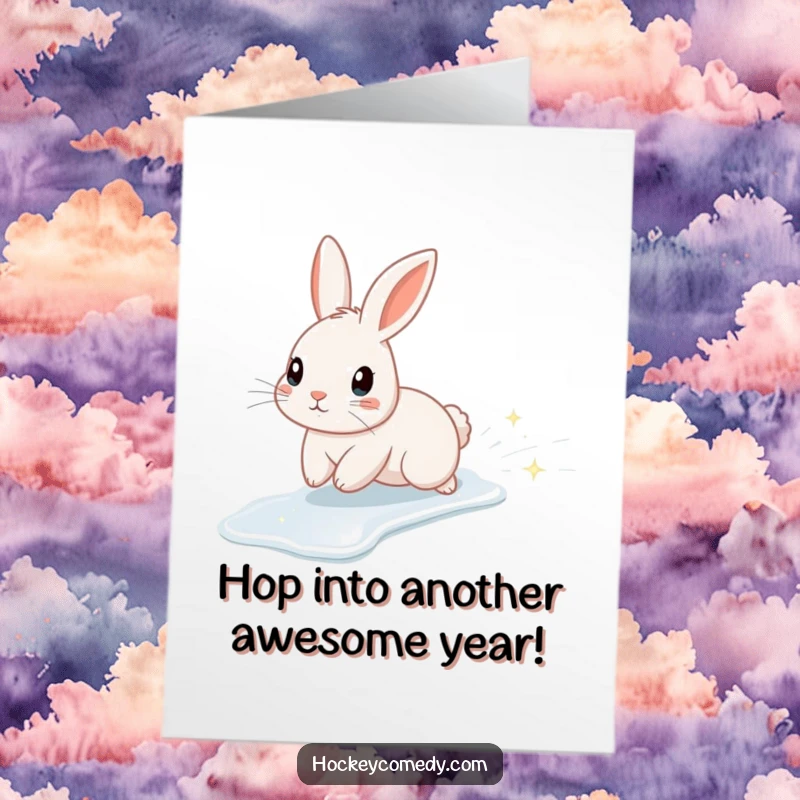 Funny Free Printable Birthday Card: Cute rabbit gracefully sliding on ice, leaving a shimmering trail of sparkles.