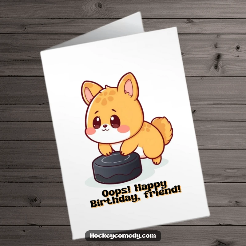 Funny Free Printable Birthday Card: Cute animal stumbling on a hockey puck, wide-eyed surprise, perfect for a laugh.