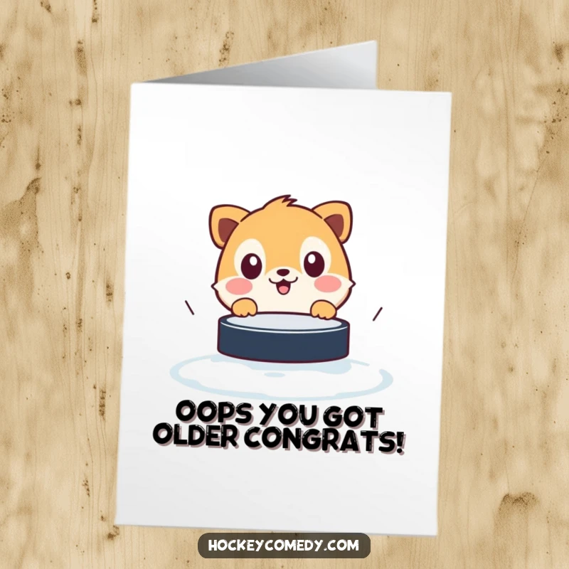 Funny Free Printable Birthday Card: A shocked animal braces for an incoming hockey puck, perfect for a laugh.