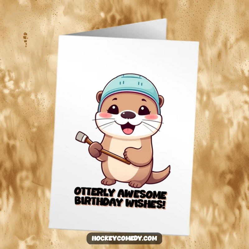 Funny Free Printable Birthday Card: Cute otter in hockey gear ready to celebrate your special day.