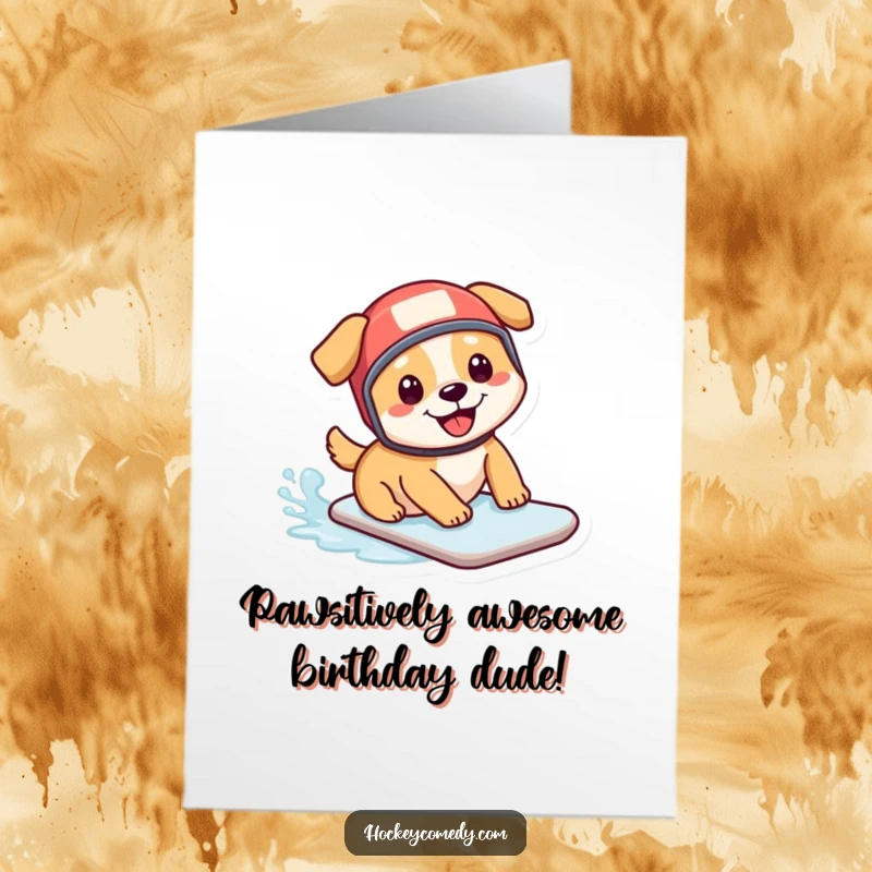 Funny Free Printable Birthday Card: Adorable dog in hockey helmet slides gleefully on ice, ready for birthday fun.